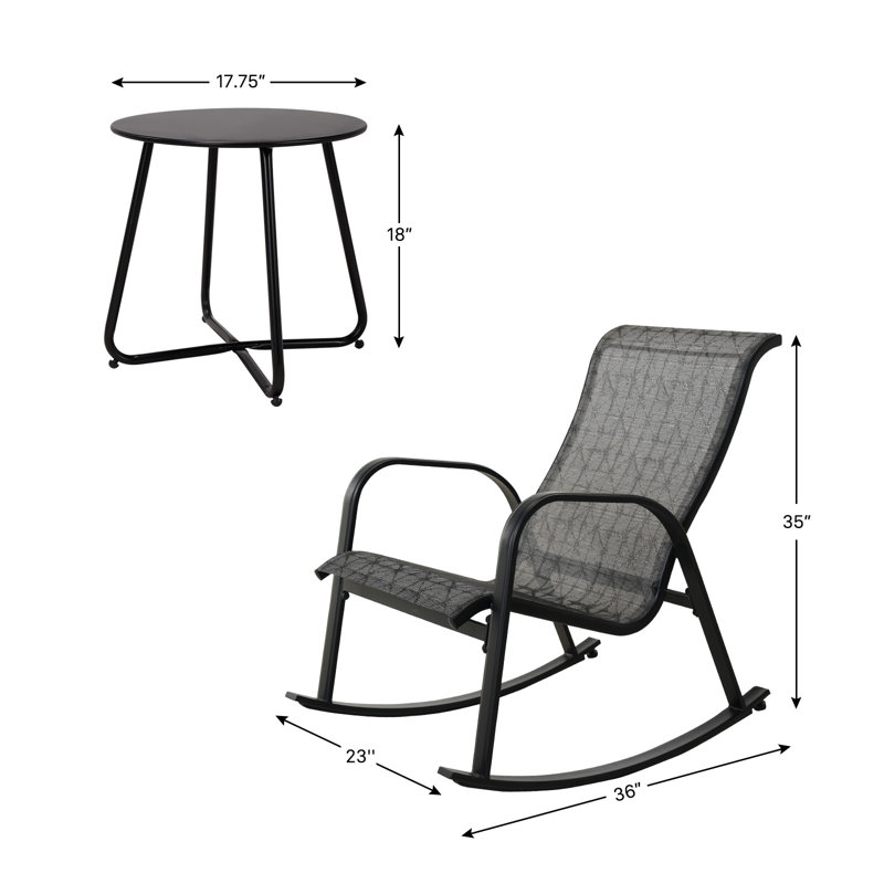 Ensemble de 3 chaises berçantes d'extérieur en polyester enduit de PVC, Noir