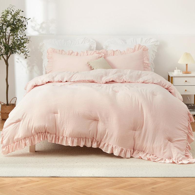 3 Piece Pink Ruffled Comforter Set, Soft Microfiber All Season Bedding, Vintage French Country Style, Pink