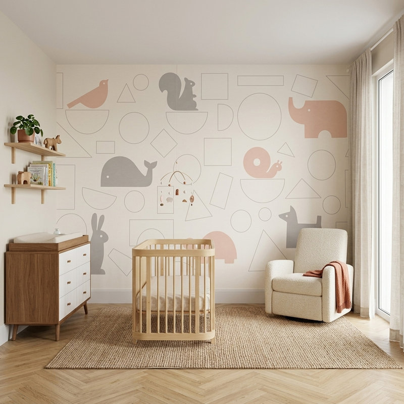 Papier peint amovible de forme géométrique, papier peint animaux de chambre de bébé, 120 po x 96 po, Texturé non collé