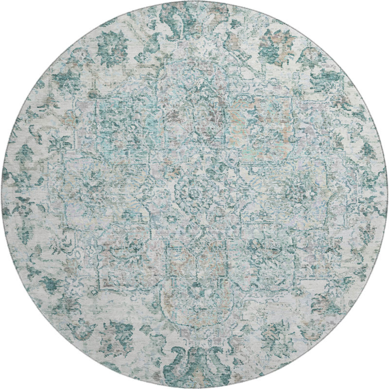 Premium Machine Washable Mayfield AMF2138 global Rug, Teal, 8' Round
