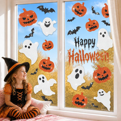 Décorations de fenêtres scintillantes pour l'Halloween, autocollants de citrouilles fantômes mignons
