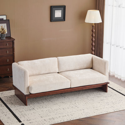 77 po Canapé rembourré carré à accoudoirs carrés 3 places avec base en bois massif, beige
