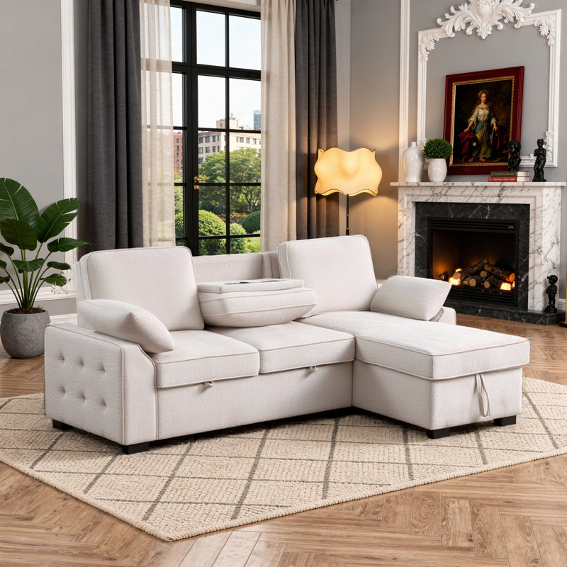91" Chenille Convertible Sectional Sofa with Pull-Out Sleeper, Storage Chaise, Cup Holders & USB Charging, White