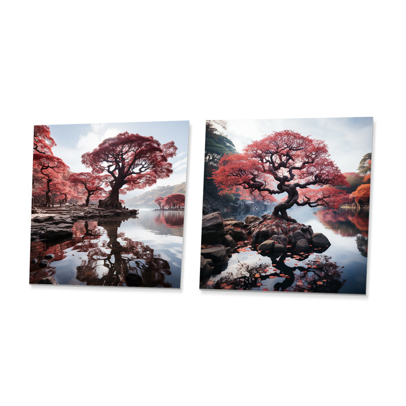 Bonsai rouge majestueux I - arbre mural en métal, ensemble de salon carré de 2, H 16 po x l 32 po