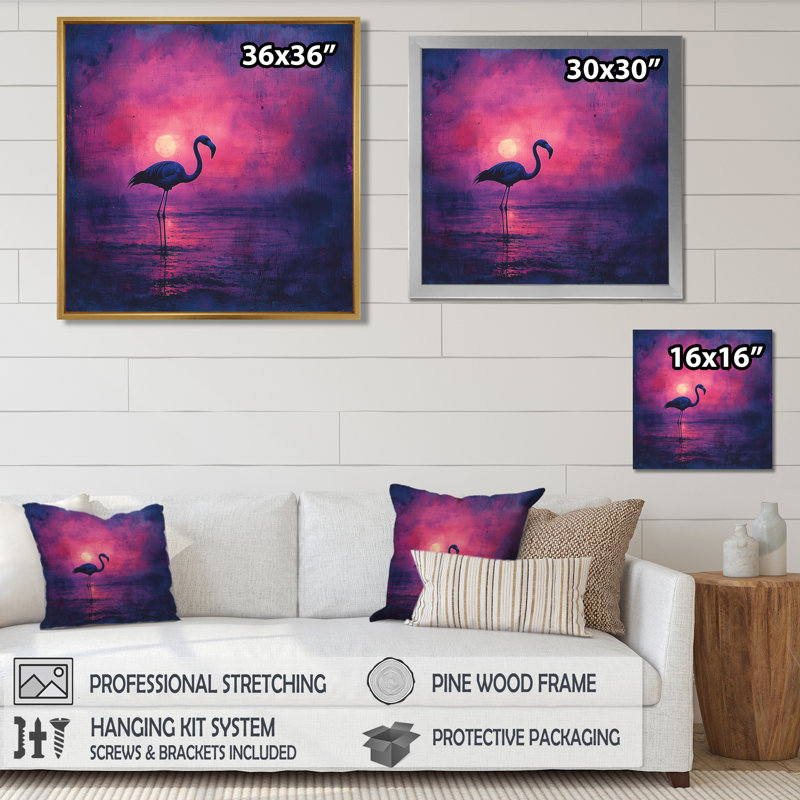 Lavande, silhouette de flamant rose dans la nuit III - flamant rose, art mural, H 30 po x l 30 po, Argent argent