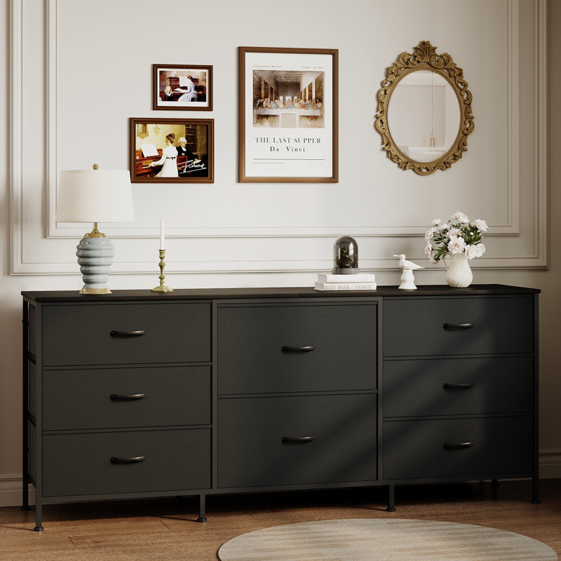 Commode en tissu avec 8 tiroirs, structure en métal et plateau en bois pour le rangement