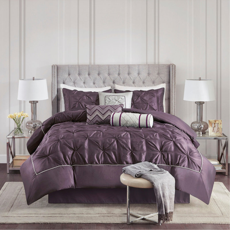 Ensemble d'édredon touffeté 7 pièces prune complète, Édredon double / grand + 6 pièces supplémentair, Chevron prune