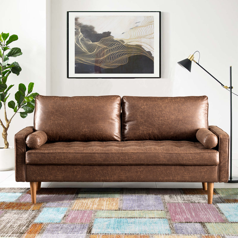 Aisha 70" Faux Leather Square Arm Loveseat, Chocolate Brown Faux Leather