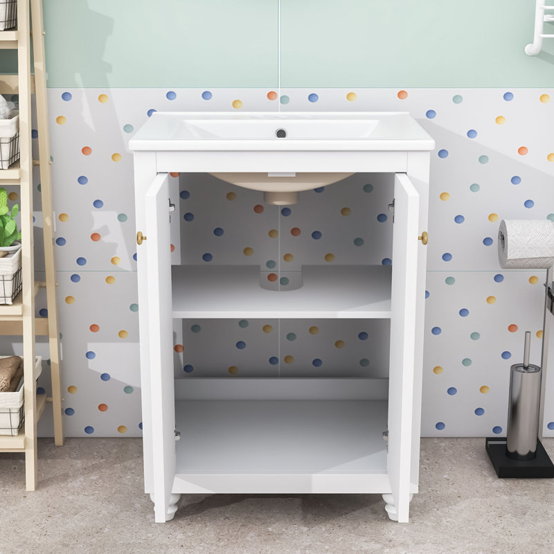 Élégant meuble-lavabo peu encombrant avec lavabo en céramique, tablette réglable et charnières à fermeture en douceur, White