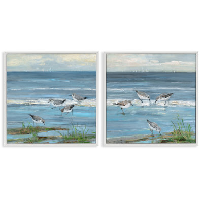 Beach Shore with Sandpipers & Grasses 2 Piece Framed Giclee Art Set, design by Sally Swatland