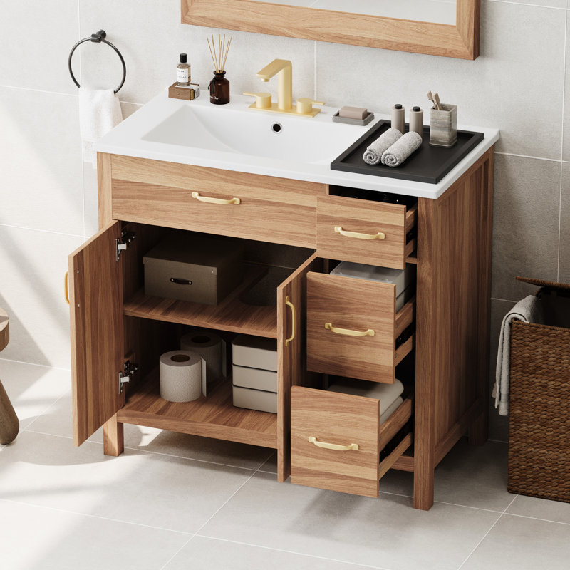 Meuble-lavabo moderne de 36 po en bois, portes et tiroirs à fermeture en douceur, lavabo en céramique, tablette réglable pour petits espaces, 2 portes solides, 3 portes compactes