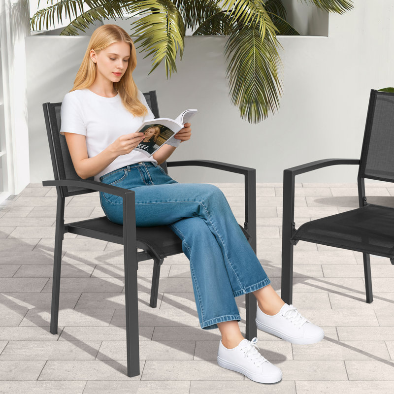 Outdoor Stackable Textilene Dining Chairs Set, Black, 2 pack