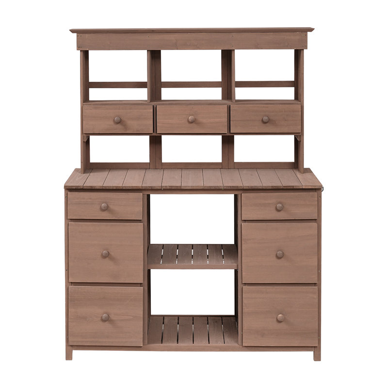  Table de jardin en pot, design rustique avec plusieurs tiroirs et tablettes, Brun