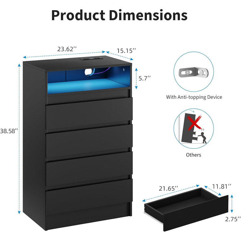 4 Drawer Double Dresser with Power Outlet Accent Chests of Drawers with LED Light Modern Storage Dresser with Charging Station Black