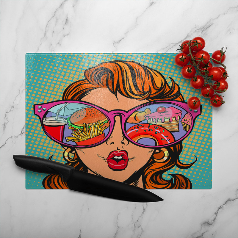 Fast food and sweets in the reflection Designer Glass Chopping Board, 40cm L x 28cm W