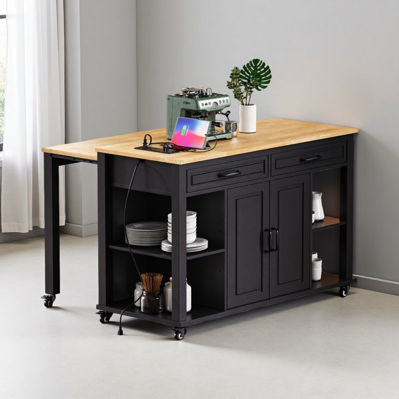 47 Inch Kitchen Island With Extendable Dining Table, Rubber Wood Veneer Kitchen Table With Internal Storage Rack, Black