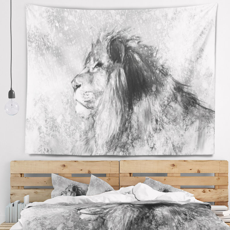Tapisserie abstraite d'art de tatouage de lion, H 32 po x l 39 po