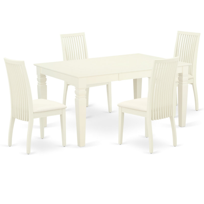 Ensemble de table de salle à manger 5 pièces comprenant une table de cuisine rectangulaire avec rallonge papillon et 4 chaises en lin, blanc lin