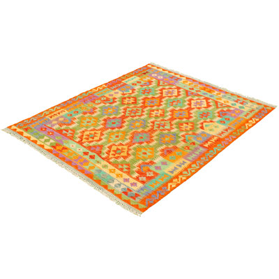 Tapis décoratif en laine de conception unique 4 pi 9 po x 6 pi 3 po noué à la main New Age orange/jaune/vert