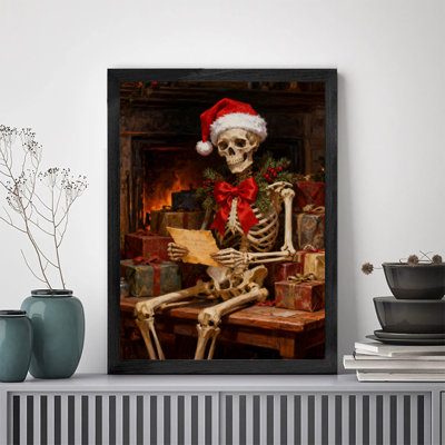 Squelettes de Noël rétro encadrés noirs livrés avec des biscuits de Noël, peinture à l'huile rétro de style gothique combinée à des impressions encadrées de style humour noir