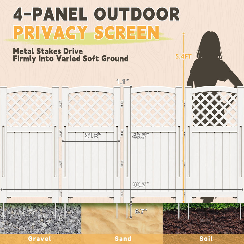 43.5”h Outdoor Plastic Privacy Screen, 4-panel Fence For Patio, Poolside To Hide Trash Cans, White