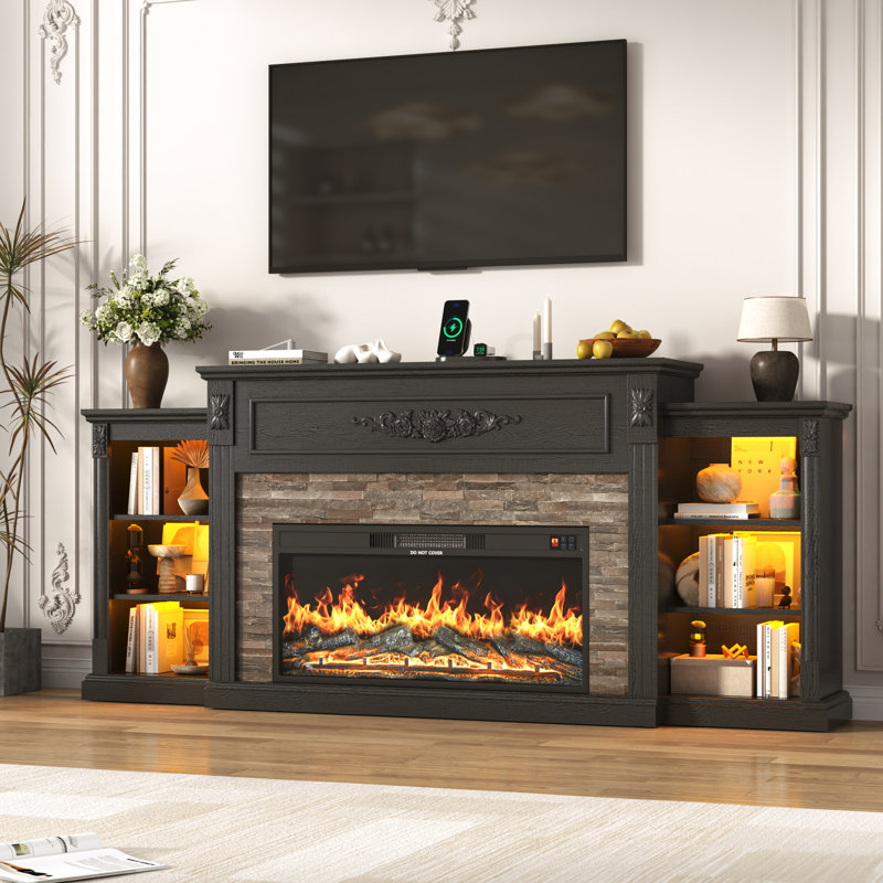 85 Inch Farmhouse TV Stand with 36 Inch Electric Fireplace, Faux Stone Mantel, APP & Remote Control LED Lights, Built-in Power Strip, Adjustable Storage Console, Entertainment Center for TVs Up to 95 Inches