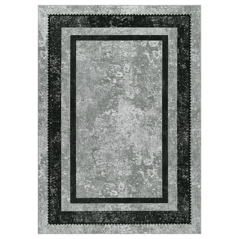9x12 Modern Bordered Area Rug Non Slip Rug Washable Floor Carpet Rug Distressed Geometric Rug Foldable Rug for Living Room Bedroom Black