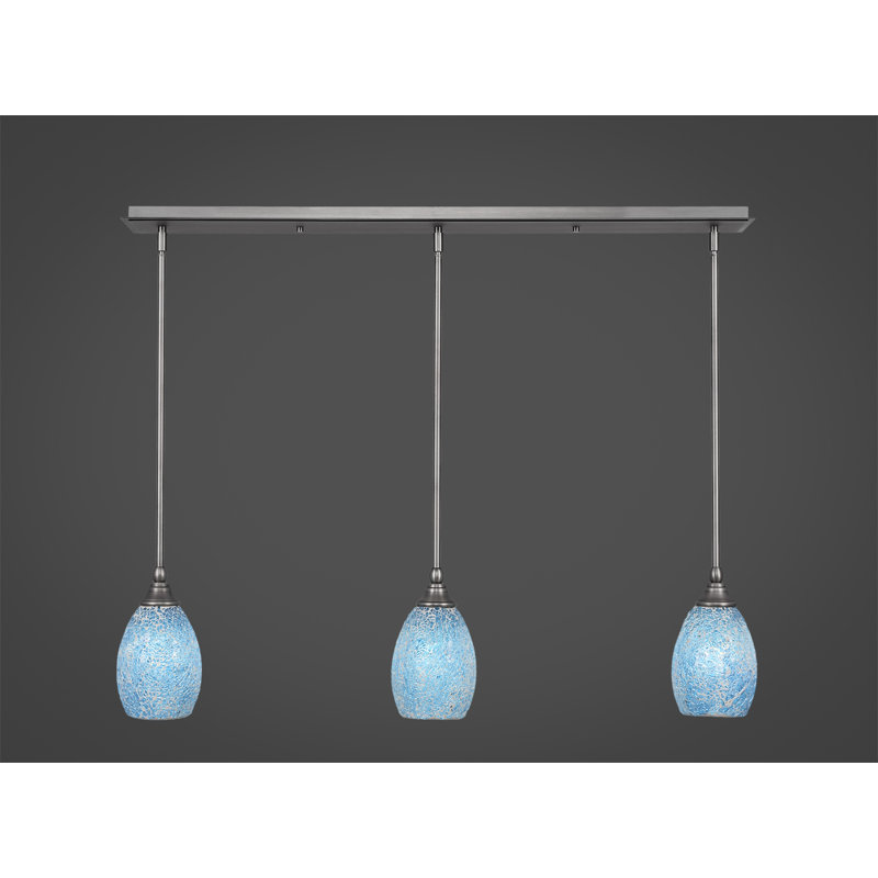 3 Light Stem Hung Linear Pendalier Shown With 5" Fusion Glass, Brushed Nickel, Turquoise