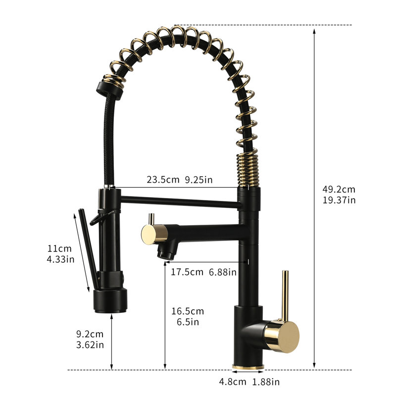Contemporary Kitchen Faucet With Pull Down , Black And Gold, Single Lever, 360 Degree Rotation Rotation, + Handle For Sinks