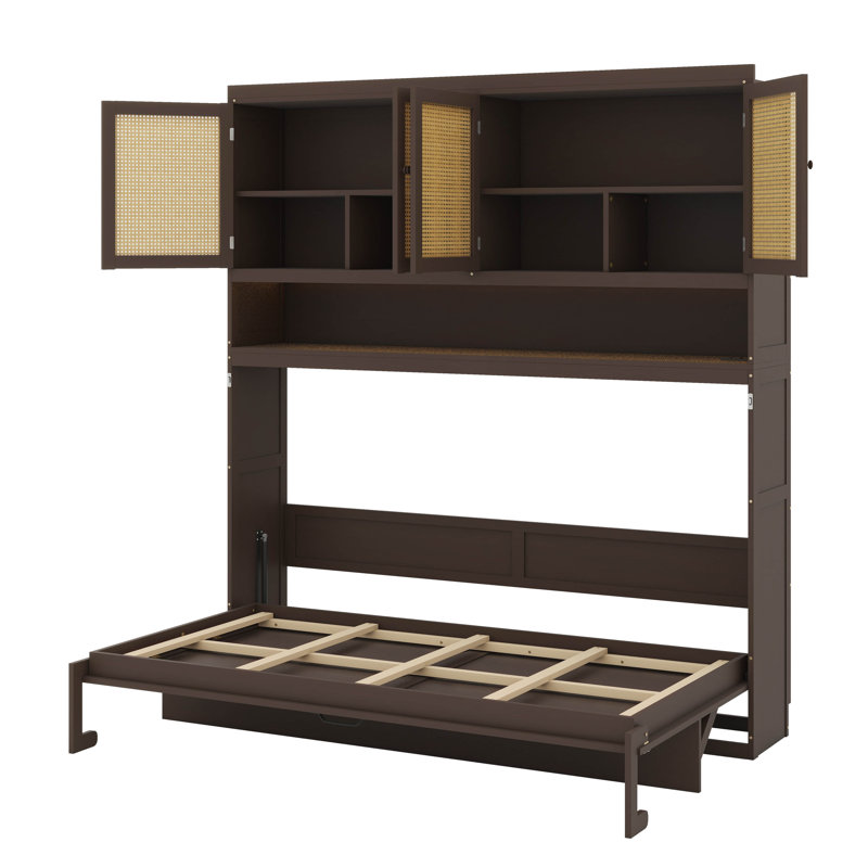 Lit escamotable compact avec unité de rangement, structure pliable avec éclairage et connecteurs USB, Espresso