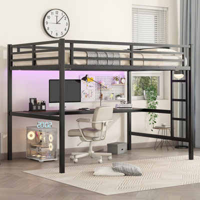 Metal Full XL Size Loft Bed  With Power Outlet And LED Lighted, Space-Saving, Noise Reduced, Black