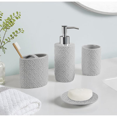 Ceramic Bathroom Set (Embossed Damask Medallion): Dispenser, Toothbrush Holder, Tumbler, Trinket Dish
