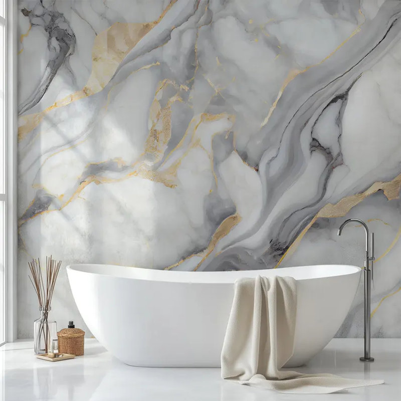 Murale en marbre blanc gris avec veines dorées, L 192 po x l 108 po