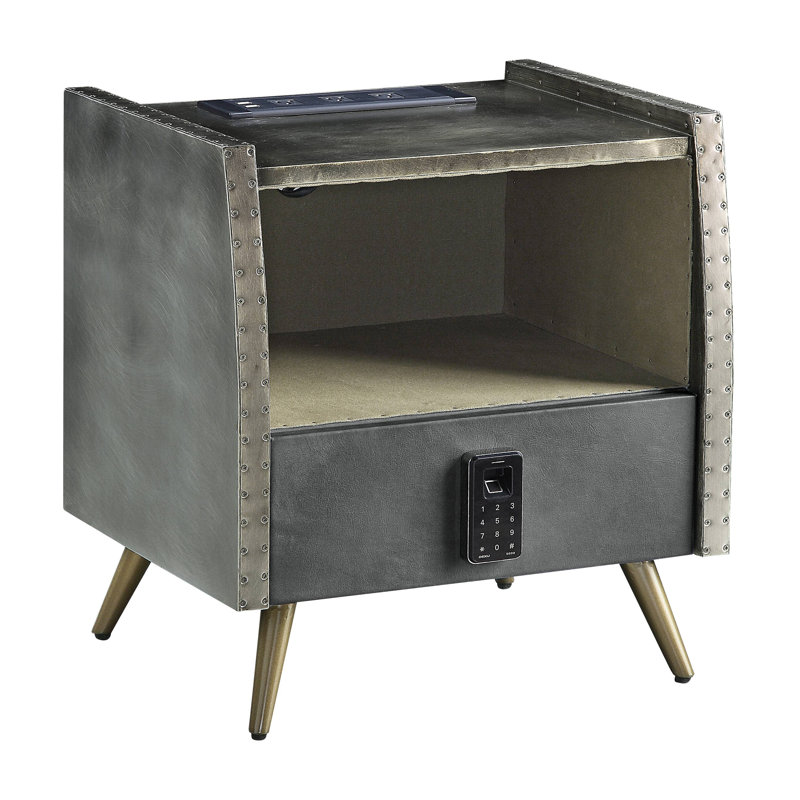 Table de chevet avec verrou USB et électrique, cuir fleur gris et aluminium