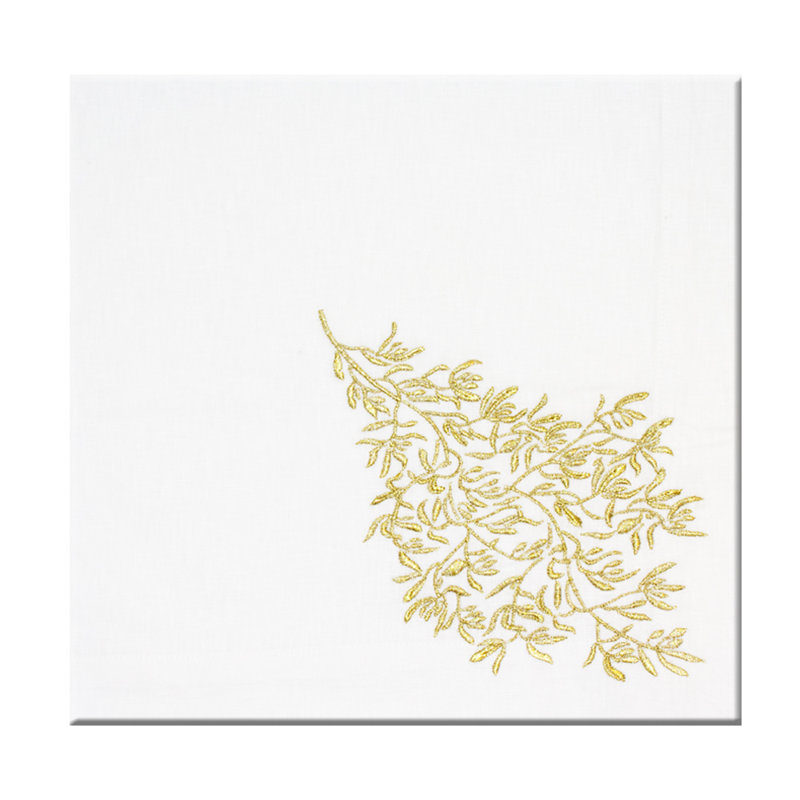 Leaves Linen Napkin, White/Gold