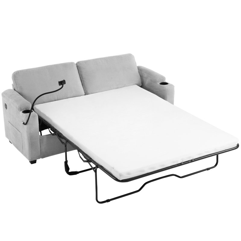 Canapé-lit en velours côtelé avec matelas, ports USB, porte-gobelets, poches latérales et support pour téléphone, Gris