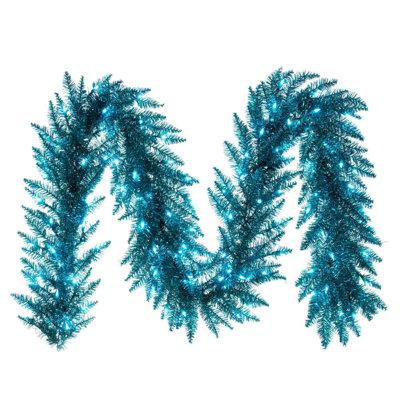 Vickerman 9' x 14" Aqua Tinsel Artificial Pre-Lit Garland with 100 Aqua LED Mini Lights