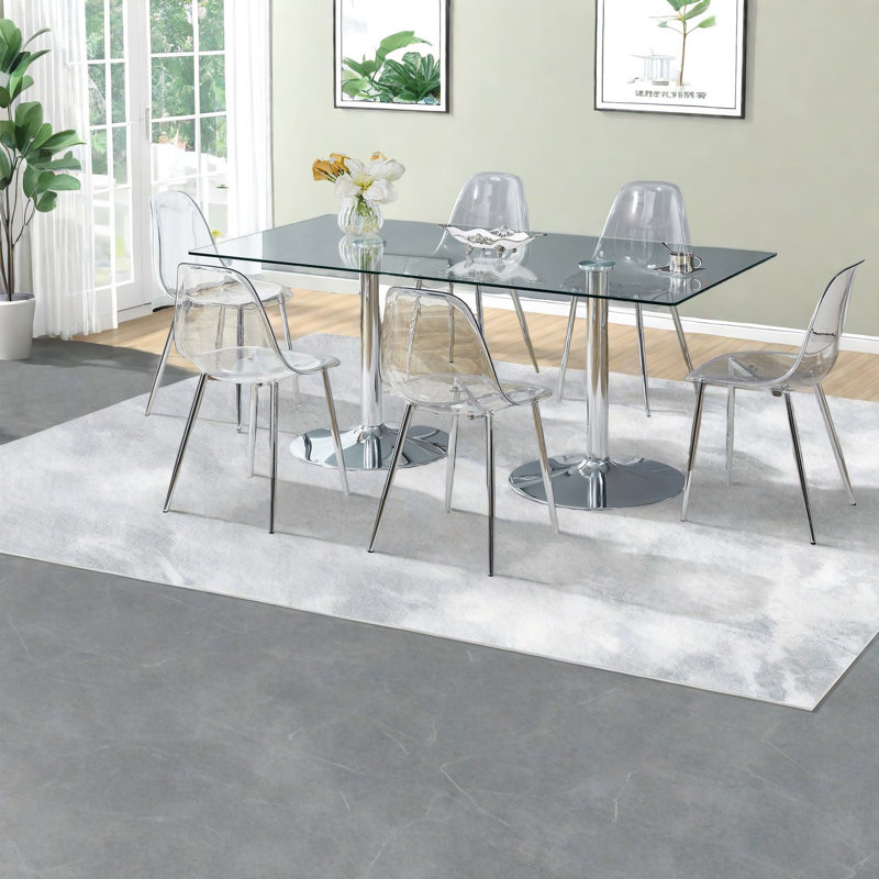 Ensemble de table de salle à manger moderne en verre avec chaises en métal et en plastique
