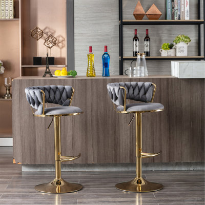 Ensemble de 2 tabourets de bar, avec repose-pieds et base pivotante à hauteur réglable en velours + tabouret de bar simple