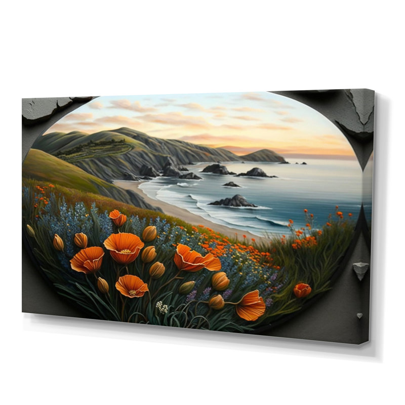 Fleurs orange par la côte III - reproduction sur toile, L 20 po x H 12 po, Toile tendue