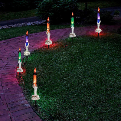 Halloween Decorations, 5 Pack Skull Candle Lights With Stakes, Battery Operated Waterproof Pathway Decor With Timer For Indoor Outdoor Front Pathway Lawn Yard Garden