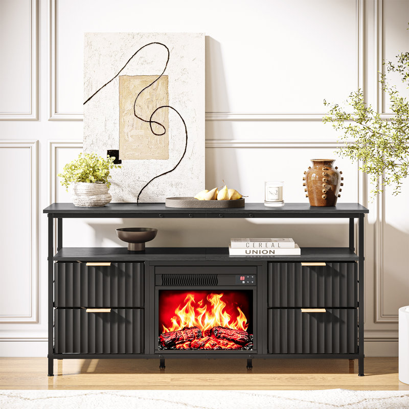 Meuble télé industriel noir de 109 cm (43 po) pour téléviseurs de 114 à 140 cm (45 à 55 po) avec foyer électrique, 4 tiroirs et tablette ouverte.