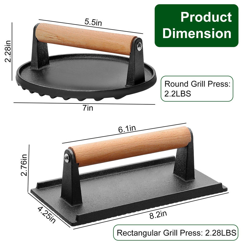 Presse à griller en fonte 2 pièces: pré-assaisonnée, poignée en bois, ronde et rectangulaire