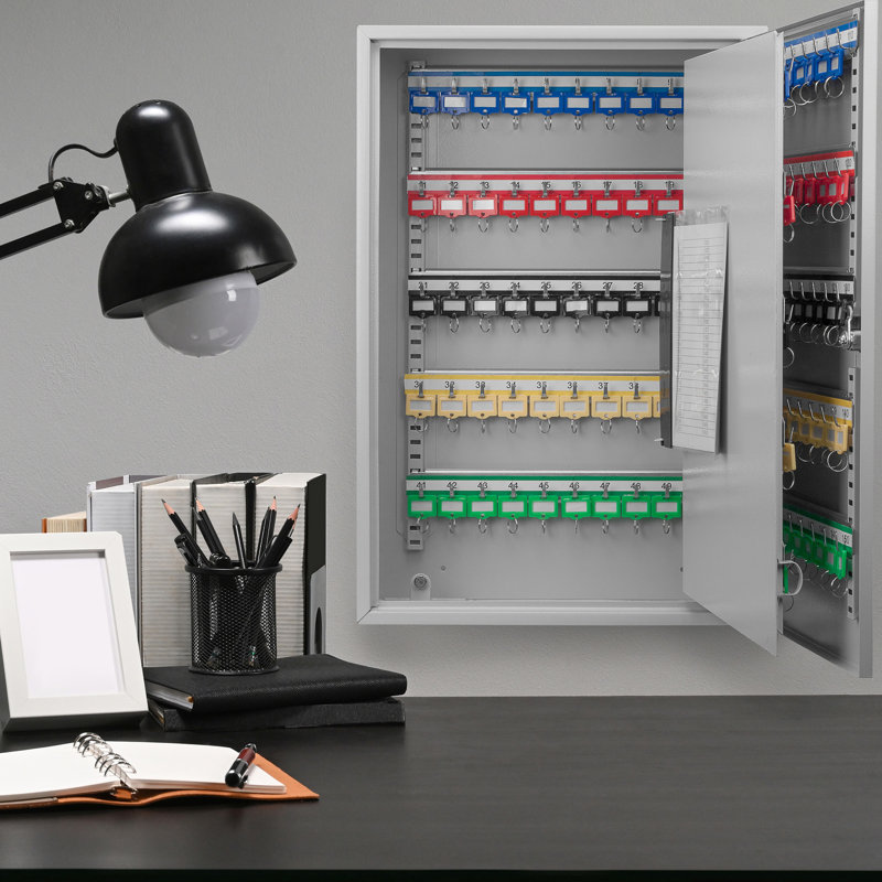 Adjustable 150 Cabinet In Gray Steel With Key Lock, Wall Mount Installation For Organized Keys 150 Container, Gray, Lock And Safe Storage
