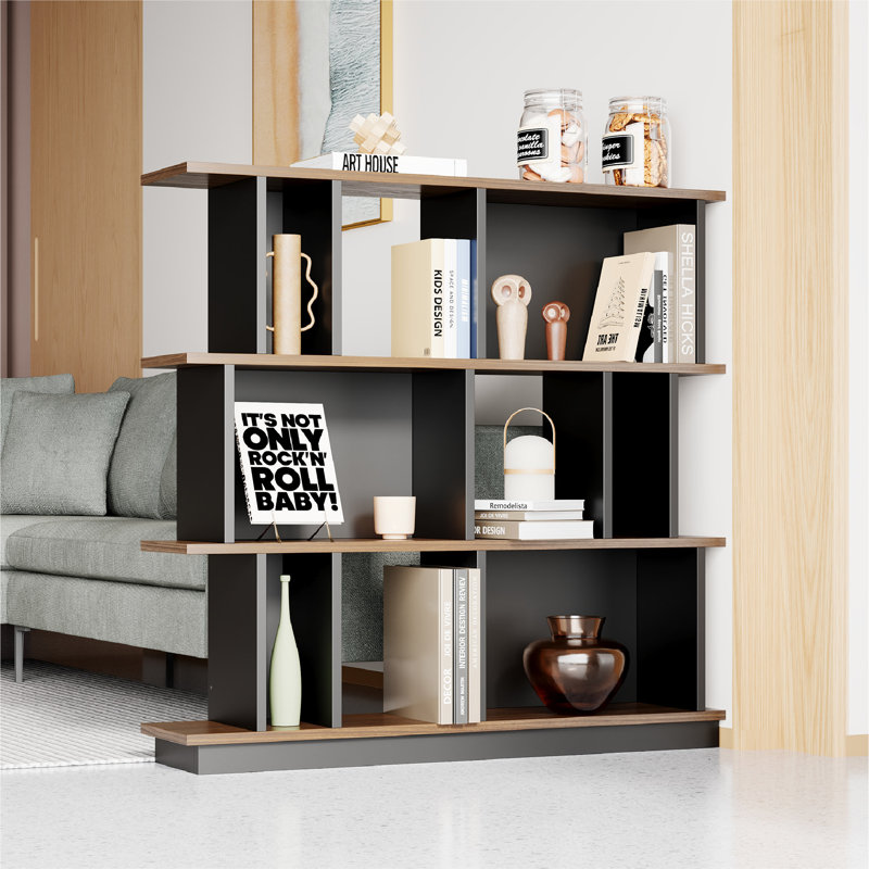 Modern 43.4''H x 51''W Geometric Bookcase, Wooden Wide Room Divider Bookshelf with Storage, 3 Tier Open Decorative Display Shelf in Black Walnut