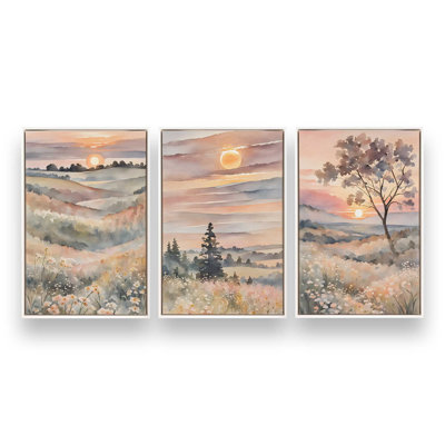 Sunset in Blooming Valley Set of 3 Canvas Prints in a Silver Frame, 48" x 32"