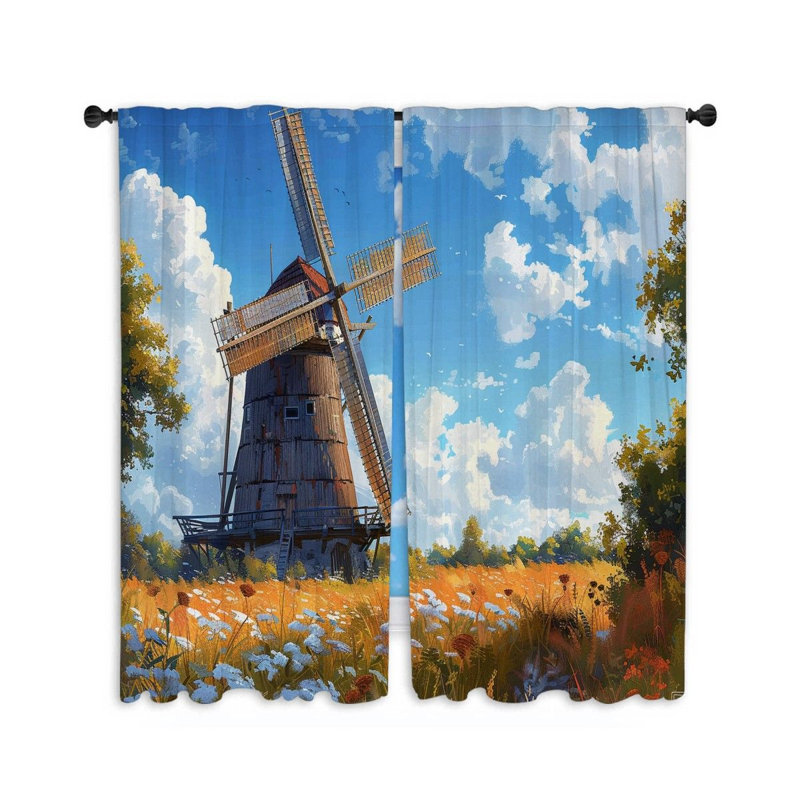 Windmill Landscape Bathroom Room Darkening Curtain Pair, 40" W x 54" L