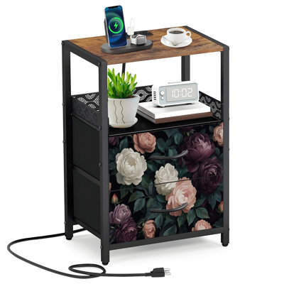 2 Fabric Drawers Night Stand with Charging Station Vintage Floral Rich Purple Pink White Roses Dark Bedroom Bedside Table End Table with Open Shelf USB Ports and Outlets