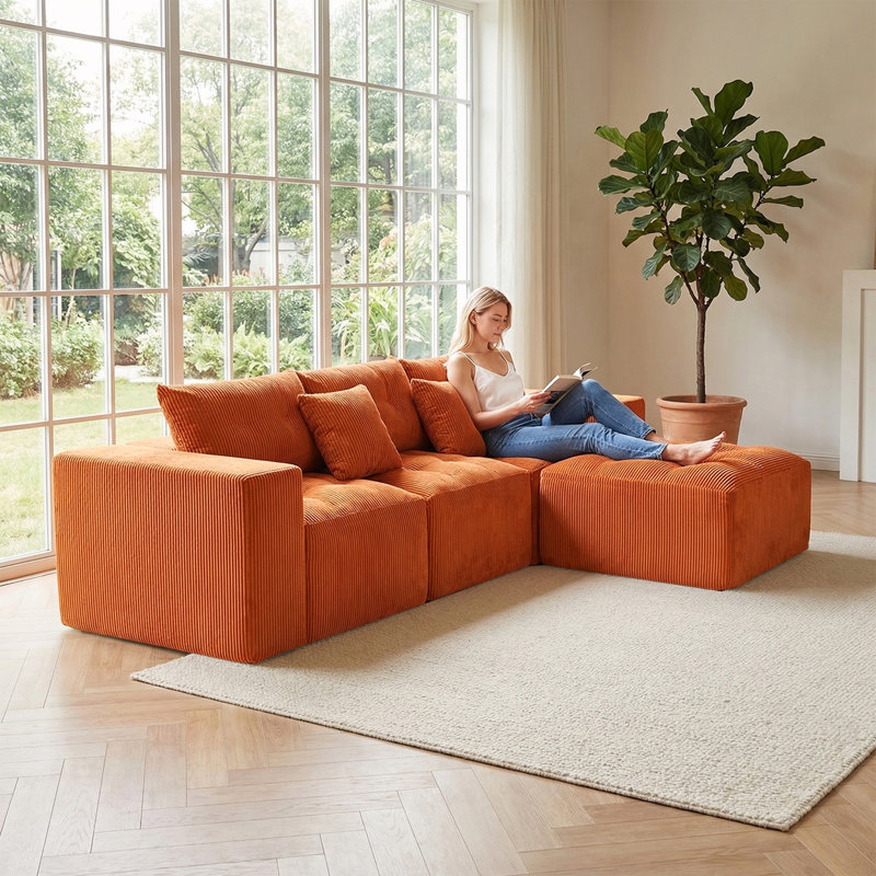 Canapé modulaire en L à 3 places avec repose-pieds mobile, Velours côtelé orange