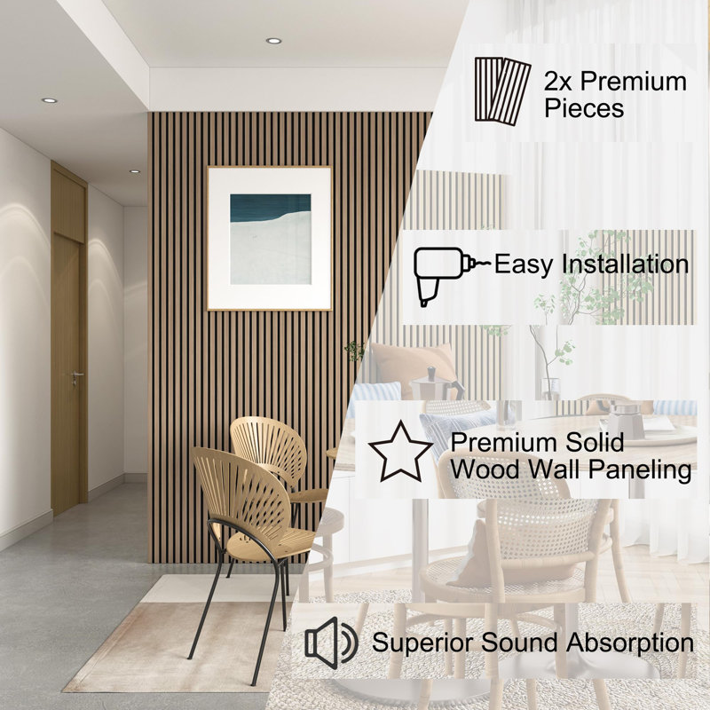 Panneau mural acoustique en bois, paquet de 2 pièces Panneau mural 94,5 po x 12,6 po pour décoration murale intérieure, chêne
